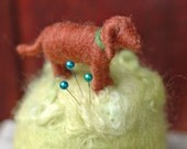 Chestnut Dog in the Grass - Needle Felted Pincushion