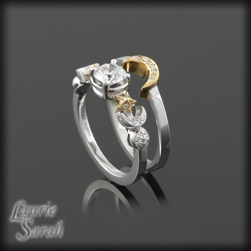Sterling Silver/14kt Gold Sun Moon and Stars Rose Quartz and White Sapphire Wedding Set - Custom Order Link for ZzZdeprived - 2nd Payment