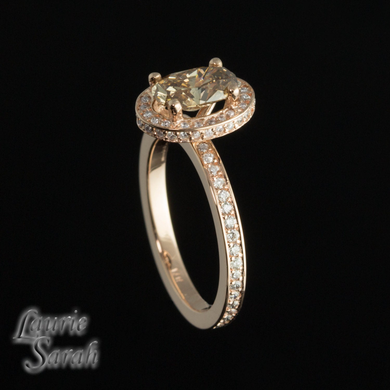 Oval Champagne Diamond Engagement Ring in 14kt Rose Gold with Diamond Halo and Eternity Shank - LS2603