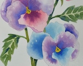 Art, Fine Art-Watercolor Painting of Purple, Pink and Blue Pansies