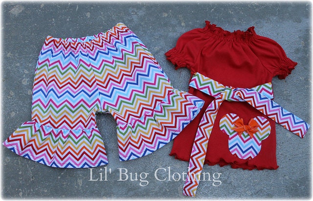 Chevron Minnie Mouse Rainbow  Red Comfy Knit Peasant Top And Shorts 3m 6m 9m 12m 18m 2T 3T 4T 5T 6 7 8 9 10 Girl