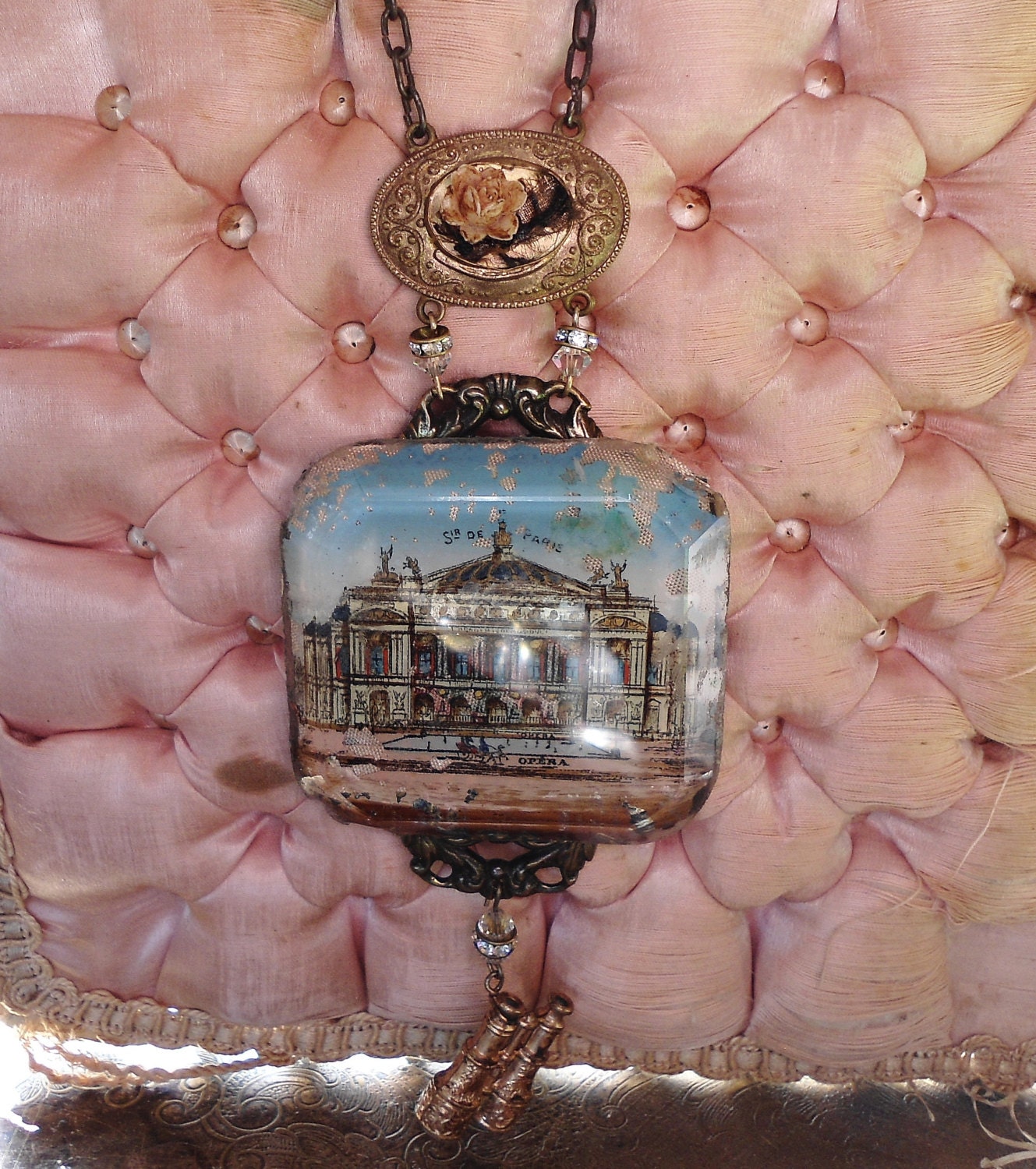 Antique French Souvenir Paris Opera Jewelry Casket Top Necklace