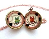 Owl Locket - One of a Kind Necklace - Hand-painted Birds on Branches in Red and Green