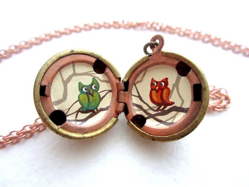 Owl Locket - One of a Kind Necklace - Hand-painted Birds on Branches in Red and Green