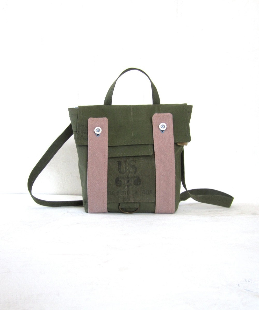 The Settlers Sack in Rural Rustic Repurpose backpack WWi WWII Olive Drab Military and Stripes
