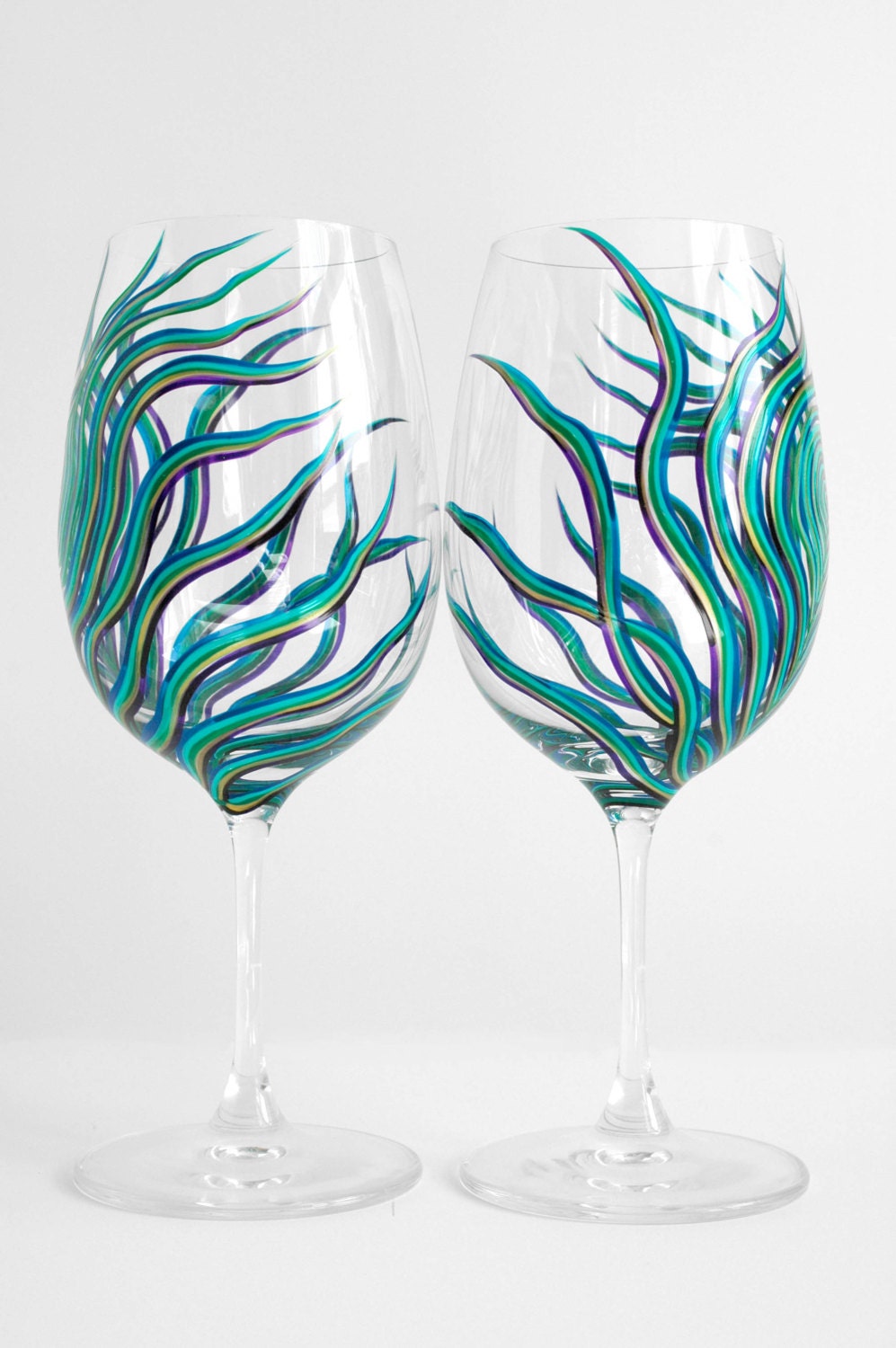 Peacock Feather Wine Glasses - Set of 2 Hand Painted Peacock Glasses in Sapphire, Emerald, Aqua, Plum and Gold