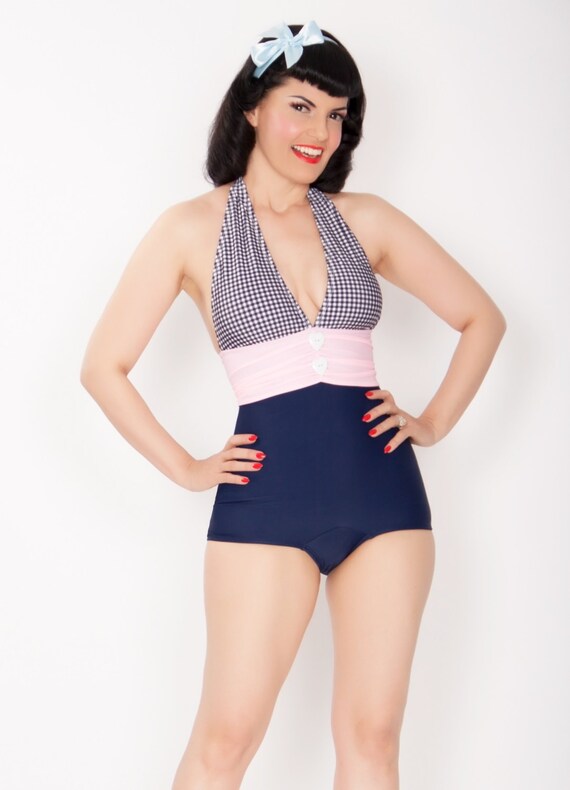 CHARLENE Black Halter Gingham Swimsuit Size S-XXL