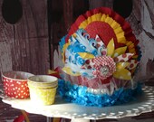 Vintage Circus, Carnival Birthday Party Crown.Feathers, millinery, lace, Red,Turqouise,Yellow, photo prop Il_170x135