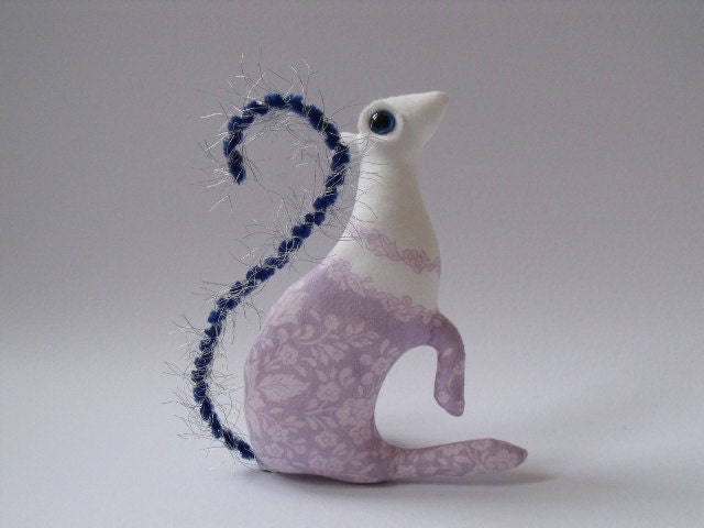 Baby Squirrel Mouse    adorable Soft Sculpture plush fabric ornament in lilac purple mauve lace filigree leaves flowers pattern