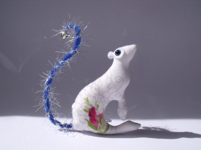 Baby Squirrel tiny companion Ornament and Decoration Soft Sculpture with bell on tail white pink roses blue tail