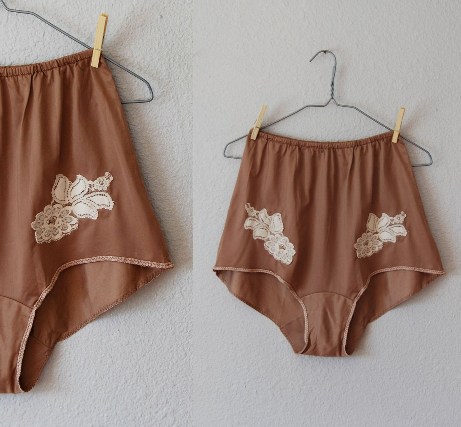 vintage PINUP high waist briefs / 1950s lace applique taupe lingerie