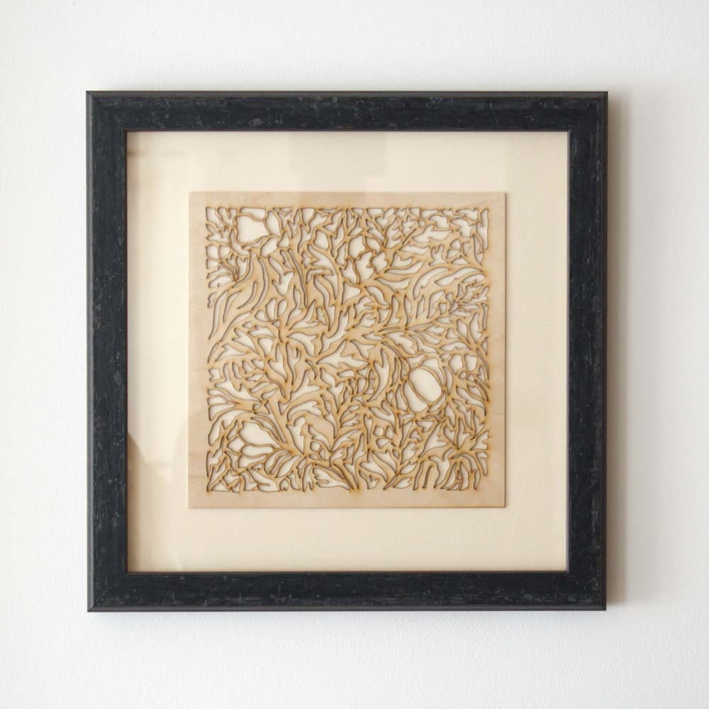 Bird and Peony Tree Woodcut (with blue frame)