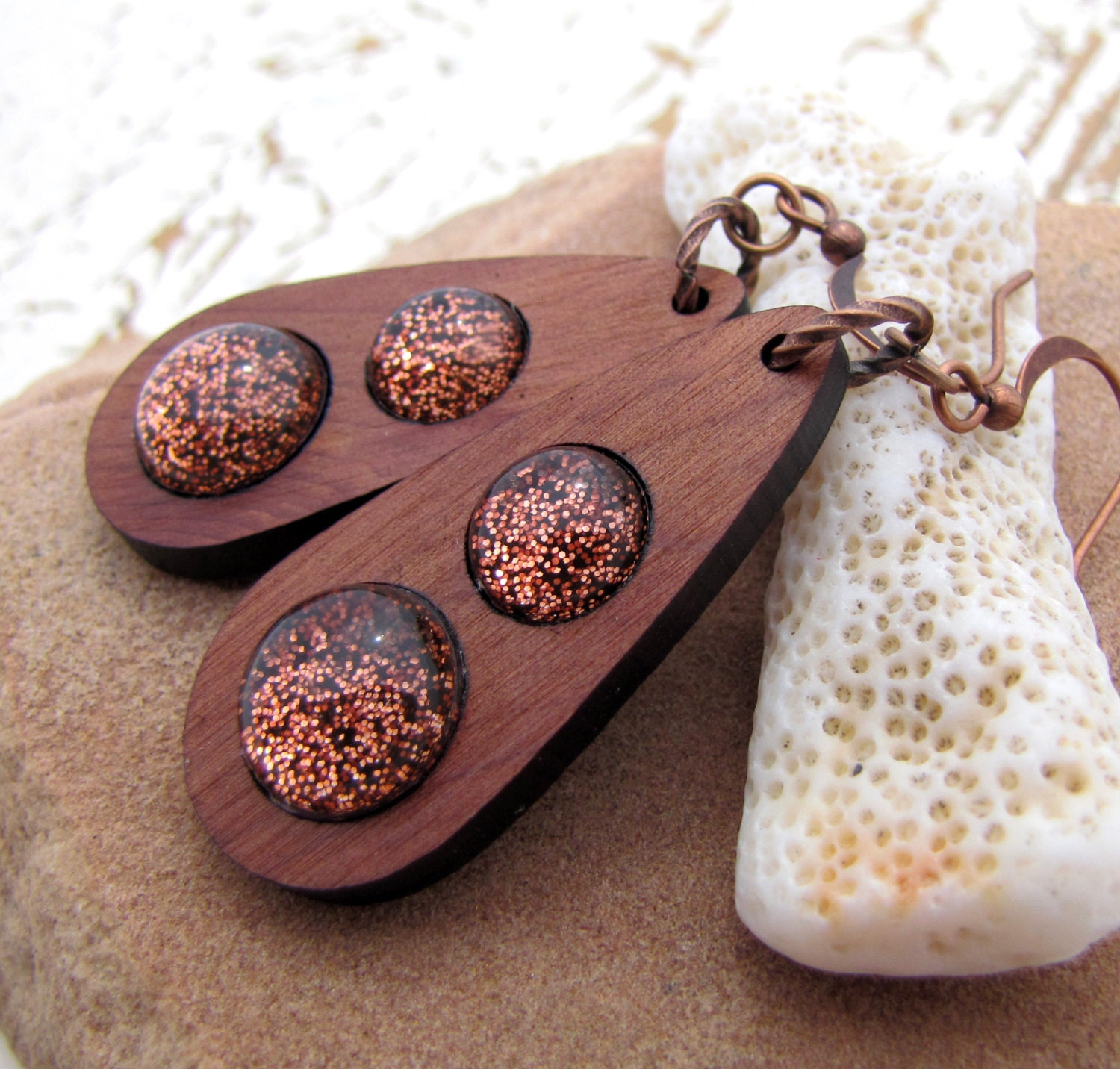 Copper Sparkle and Wood Dangle Earrings - Wood Acrylic Antiqued Copper - Modern Minimalist Retro