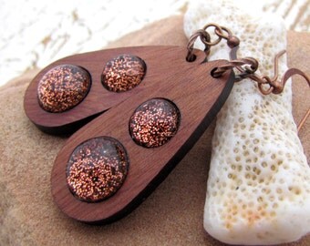 Copper Sparkle and Wood Dangle Earrings - Wood Acrylic Antiqued Copper - Modern Minimalist Retro