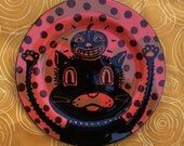 Halloween Hand Painted Ceramic Plate Black Cat Pumkin by Sharon Bloom