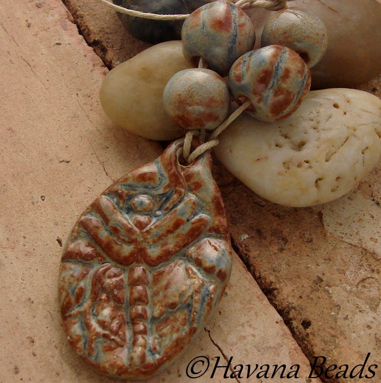 RUSTIC BLUE DRAGONFLY, Handmade Ceramic Pendant with 4 Coordinating Beads