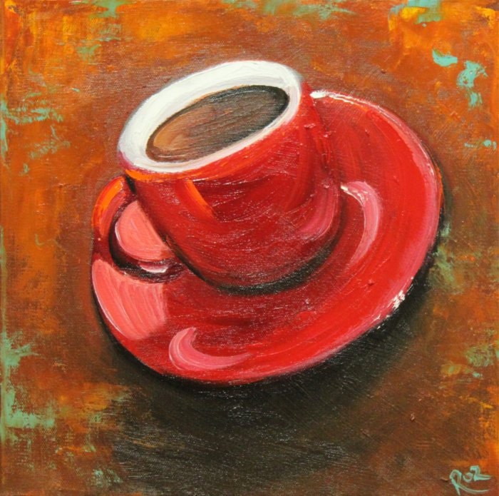 Coffee painting 14 12x12 inch original oil still life painting  by Roz