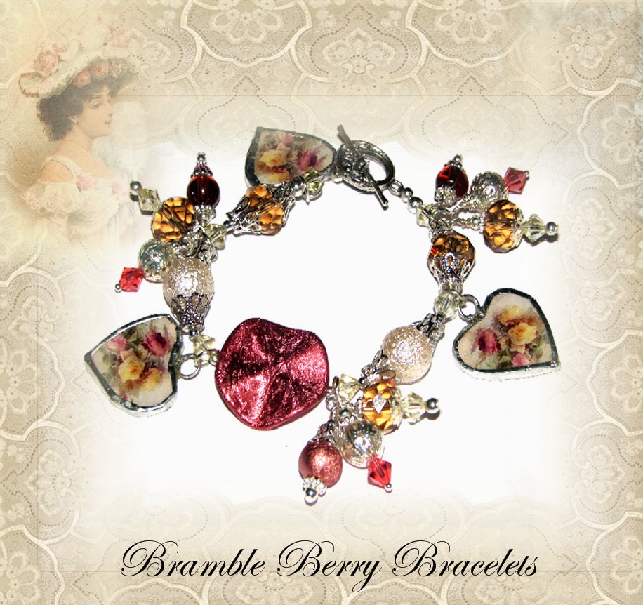 Broken China Bracelet - Broken China Jewelry - Charm Bracelet  - Heart Bracelet