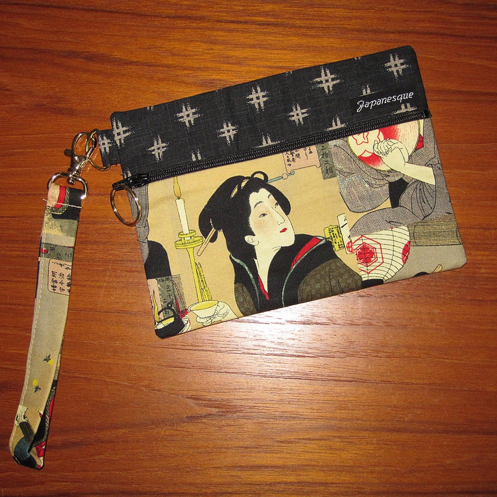 Wrist Strap Zippered Wallet Pouch Japanese Asian Geisha Design
