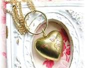 Vintage Brass Gold Tone Puffy Heart Charm Pendant Necklace Key Ring Combo Red Enamel Etched Floral
