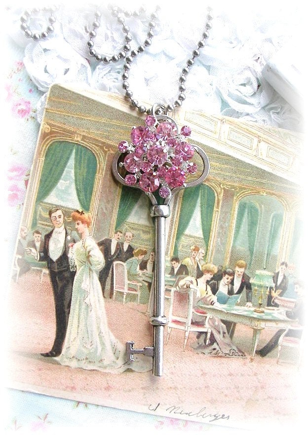 Antique Style Skeleton Key Necklace Silver Pink Rhinestone Button Bling Vintage Ball Chain Necklace OOAK