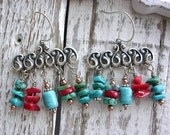 Turquoise Red Coral Chandelier Earrings Dangles Charms OOAK Silver Scrolled Fancy