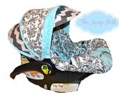 Grey Damask, Chevron and Aqua minky infant car seat cover with matching strap covers custom made for your car seat