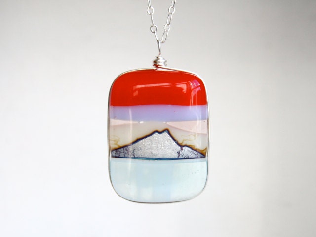 Mountain Range Fused Glass Pendant - Silver - Aqua, Red, Lavender and Peach  - Spring