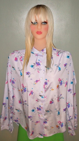 1970s TUCCI - Thistle Shade Patterned Long Sleeve Button up Hipster Blouse
