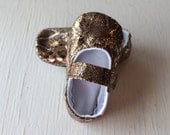 Baby Girl maryjane shoes booties soft sole toddler newborn Gold toned Faux Snakeskin brown shiny animal print slippers SWAG gift non slip
