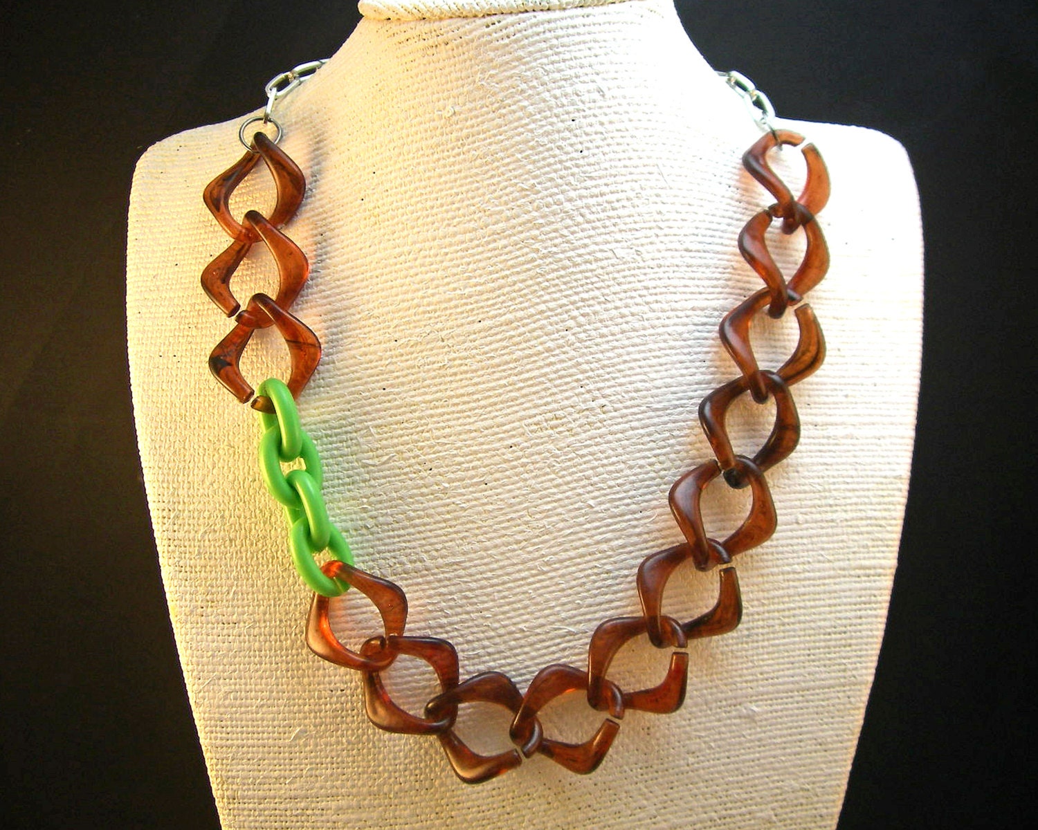 Bold Statement Plastic Chain Necklace in Tortoise and Green with silver tone chain