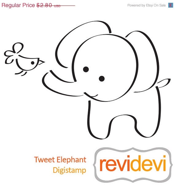 HALF PRICE SALE Digital stamp.. Tweet Elephant S008.. Commercial use graphic clip art