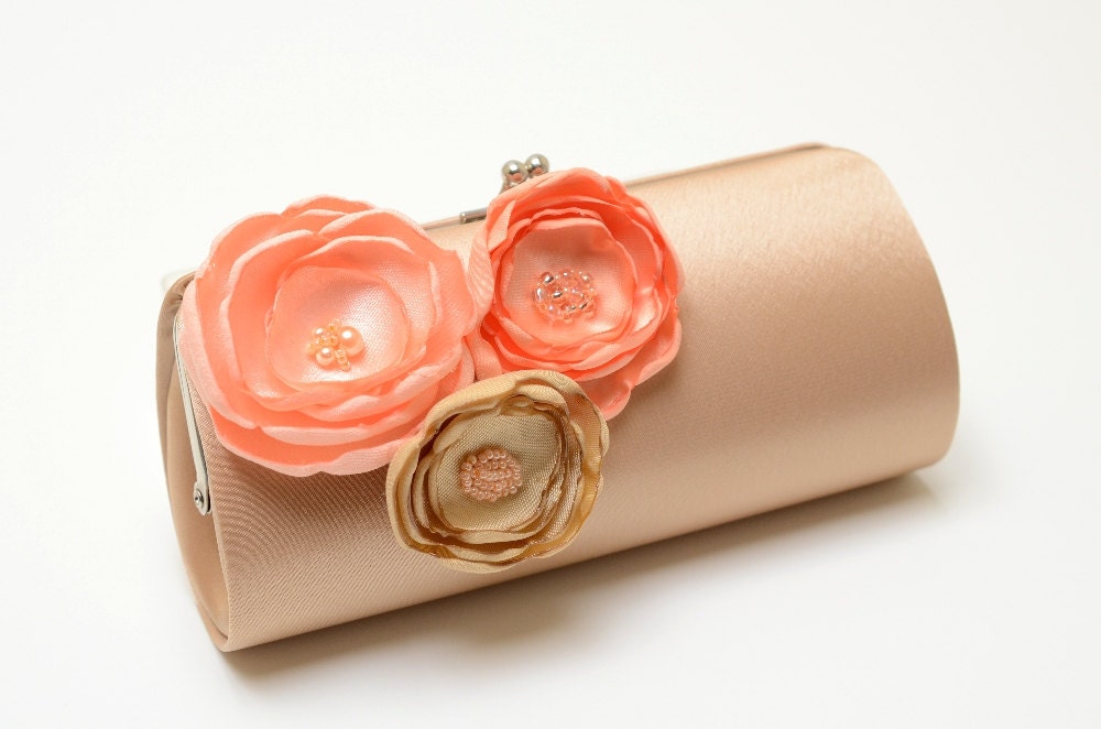 Dark Champagne Latte Clutch with Peach Apricot & Champagne Flowers - Bridal Clutch - Bridesmaid Clutch - Petite Shabby Chic Bouquet Clutch