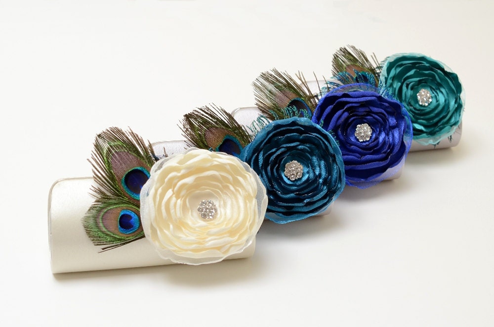 Bridal Clutch & Bridesmaid Clutch Set - Rhinestone Peacock Feather Clutch - Royal Blue Sapphire Mediterranean Emerald Teal Ivory  Set of 4