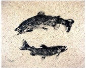 Two Brook Trout Original GYOTAKU Fish Rubbings Pisces 24X18 on Thailand Banana mash Paper