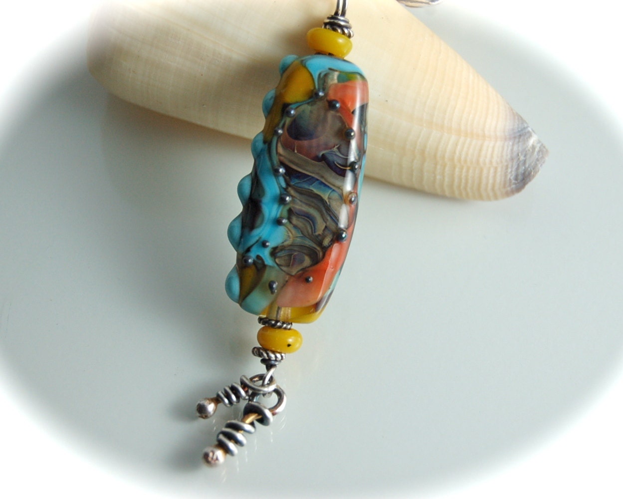 Mustard and Sky Blue Lampwork Glass Pendant Necklace