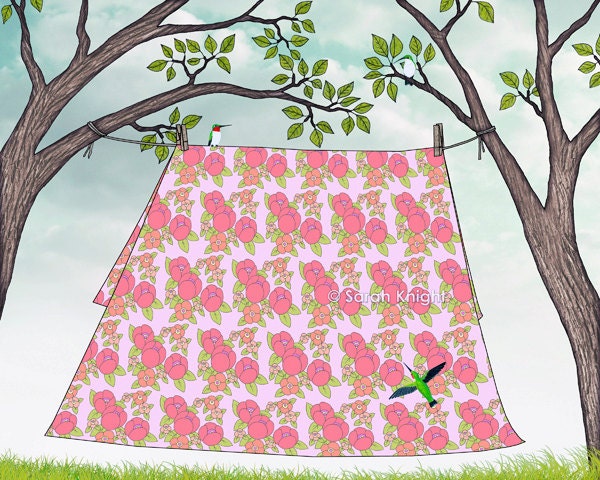summer fresh sheets - signed digital illustration art print 8X10 inches by Sarah Knight, laundry art pink floral humingbirds clothesline