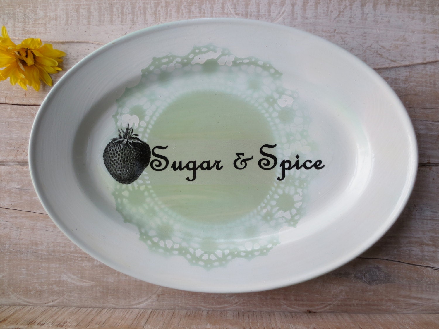 Vintage Kitchen Sign  // Modern Shabby Chic SUGAR & SPICE // Strawberry Decor  // Mint Green Cottage Wall Decor // Farmhouse