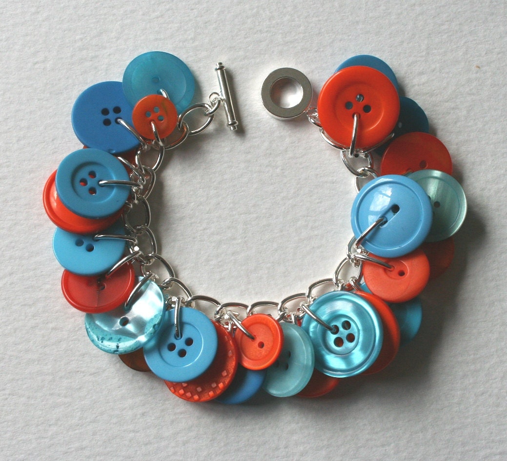 Button Charm Bracelet Tangerine Orange and Aqua Blue