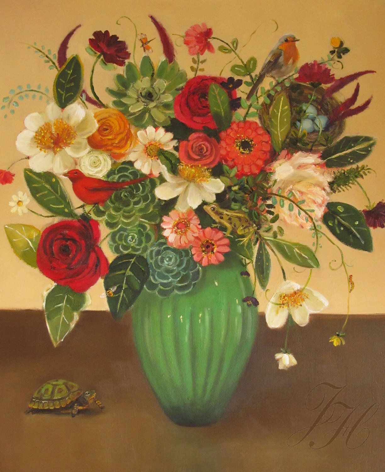 Floral Still Life.  Hens And Chickens. Art Print