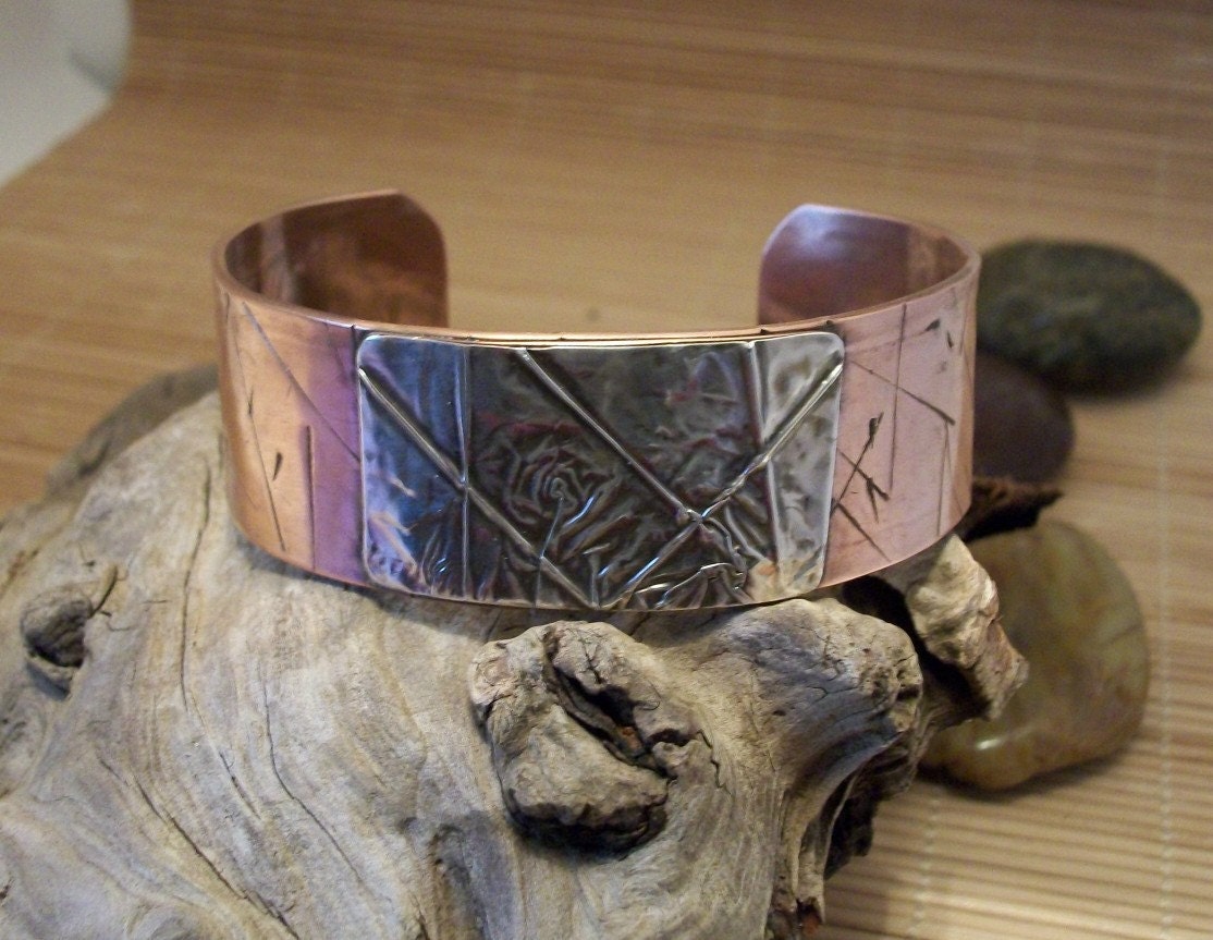 Copper cuff with fold formed sterling silver bracelet - copper jewelry - copper cuff bracelet -