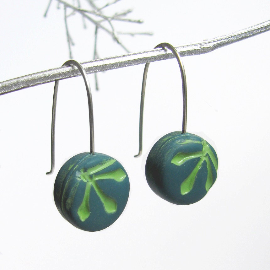 Teal Eucalyptus Earrings Rustic Modern Dot Drop Buds Leaf Green Sterling