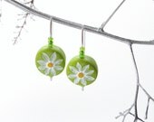 Daisy Earrings Rustic Flower Chartreuse Country White Gardener Fresh Spring Sterling