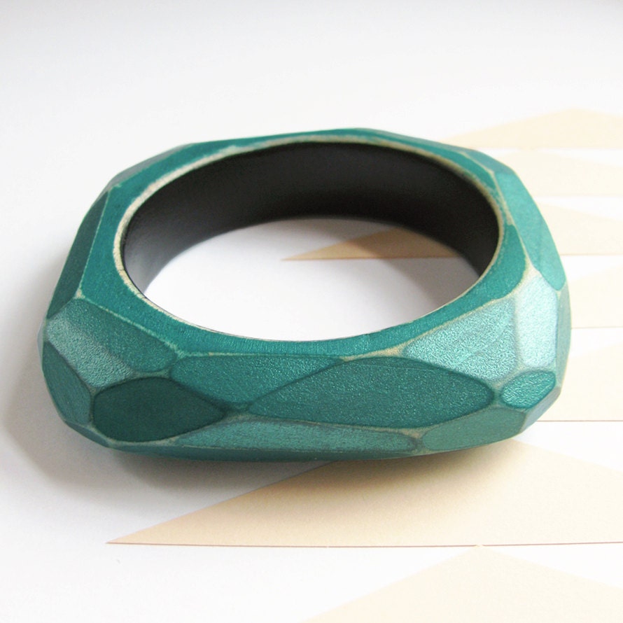 Faceted Wood Bangle Bracelet Emerald Green Modern Geo