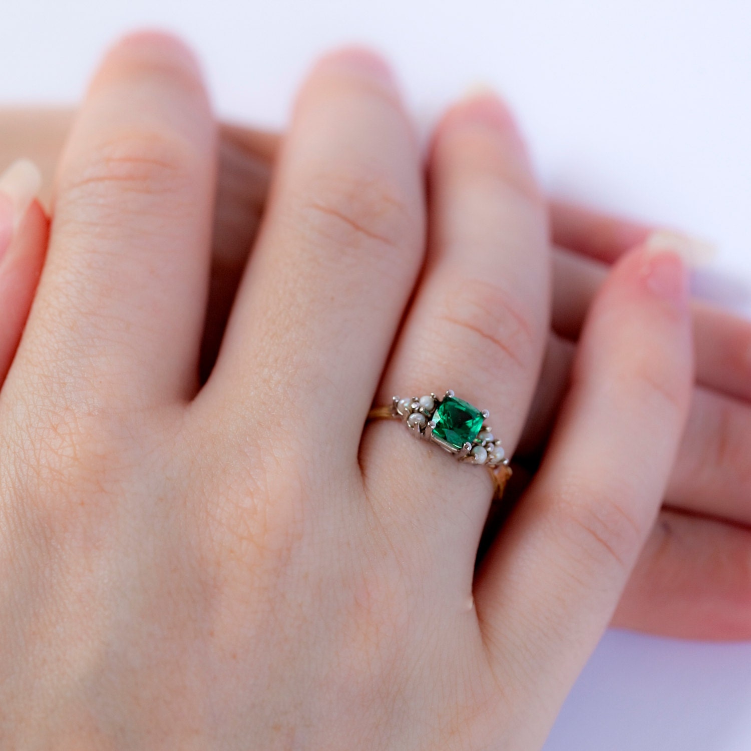 Pearl Ring for Engagement or not  -  Cushion Cut Gemstone - Twig Band-Antique Style  - Nature Inspired Branch Details