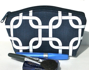 Makeup Bag/Zippered Pouch Padded Flat Bottom Round Top Navy Geometric