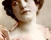 Instant Download 5x7 Inch Decolletage Beauty in ROSE gown Silver Star Diadem Antique French postcard Digital Scan
