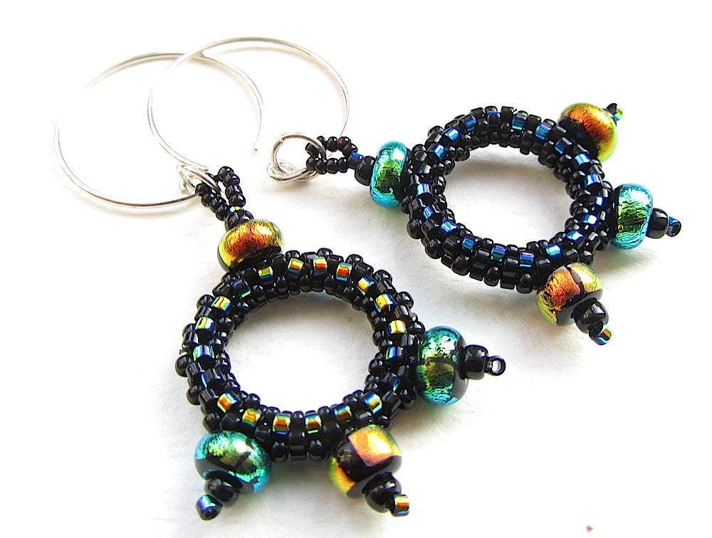 Dichroic Glass and Seed Bead Circular Earrings: Green and Orange