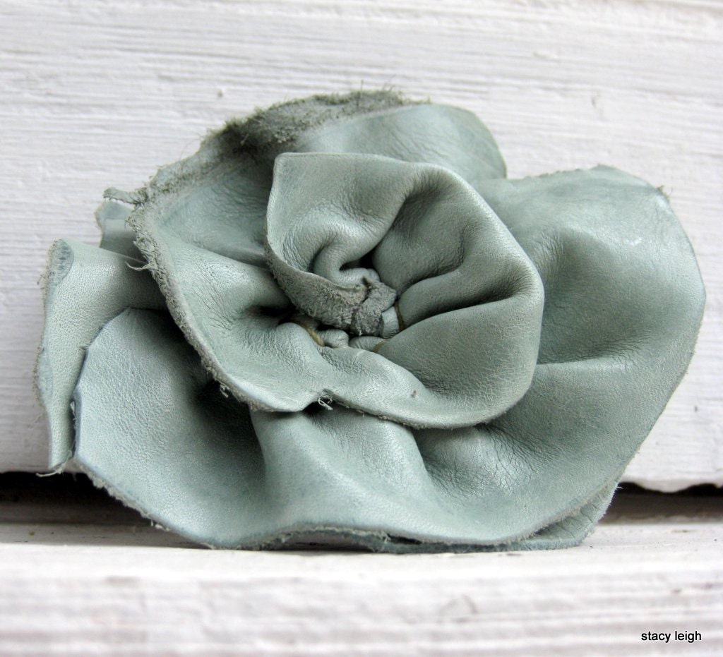 Cool Sage Mint Leather Rose Flower Pin in Distressed Leather by Stacy Leigh RESERVED for Cristy