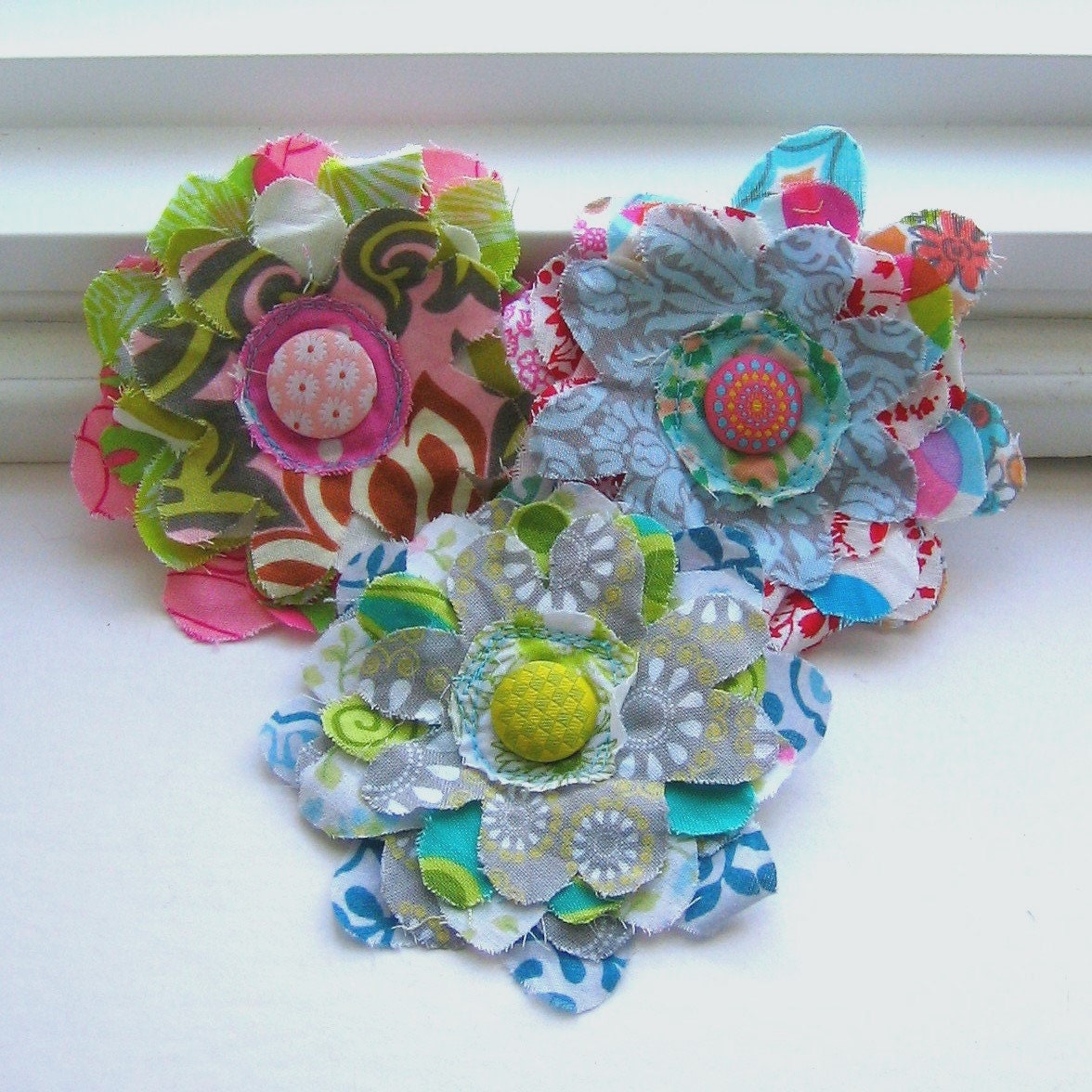 Fabric Flowers, Flower Embellishments, Fabric Scrap Flowers, Layered Flowers, Scrapbook Flowers,  Set of 3 - No. 844